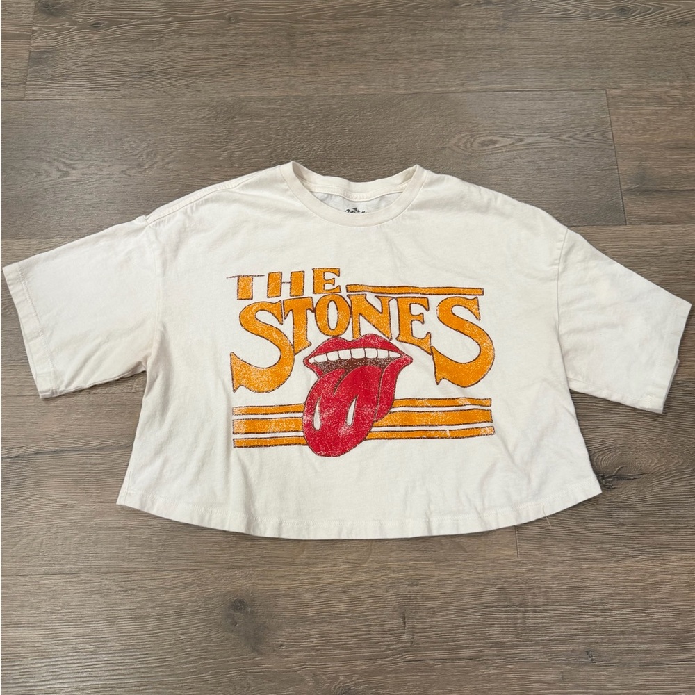 Rolling Stones Retro Cropped White Graphic Vintage Style Short Sleeve Shirt
